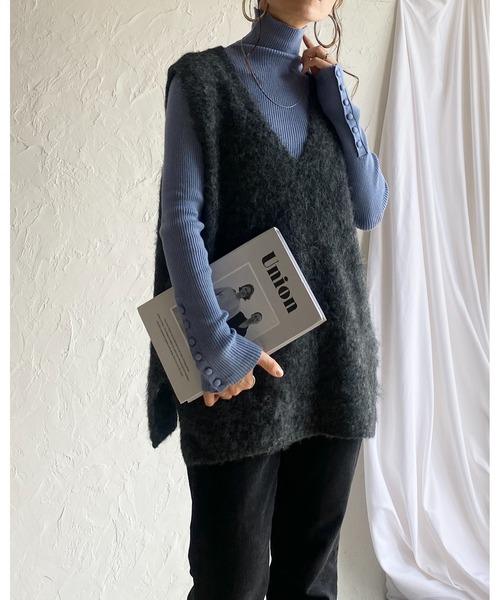 セール】袖ボタンハイネックタイト長袖リブタートルニットプルオーバー