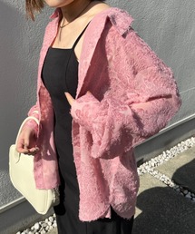 【低身長用サイズあり】フリンジジャガード花柄シアーシャツ