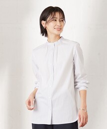 【洗える】 コンパクトコットン ストライプ バンドカラー ブラウス