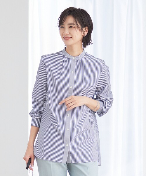 J.PRESS（ジェイプレス）の「【洗える】 コンパクトコットン ストライプ バンドカラー ブラウス（シャツ/ブラウス・レディース・ネイビー系1/ホワイト系1/ホワイト系・T13/T15）」の3枚目の写真