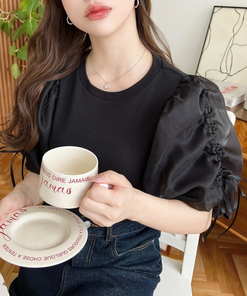 セール】オーガンジードロストパフスリーブ半袖トップス（Tシャツ