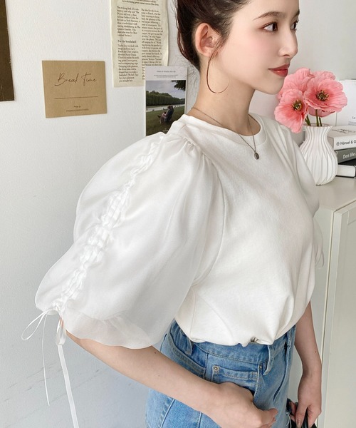 セール】オーガンジードロストパフスリーブ半袖トップス（Tシャツ