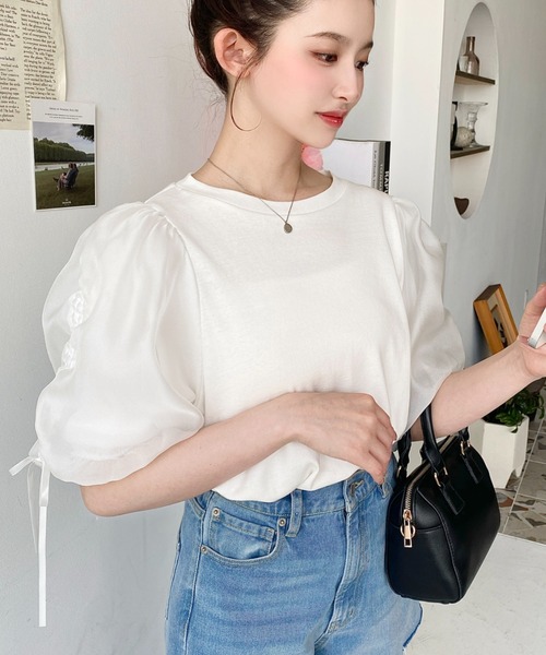 セール】オーガンジードロストパフスリーブ半袖トップス（Tシャツ