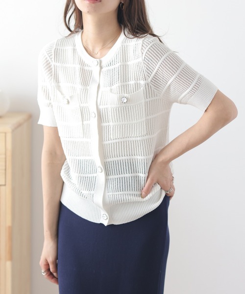 La-gemme（ラジェム）の「透かし編みニットカーディガン（カーディガン/ボレロ・レディース・イエロー/ホワイト/ピンク/ライム/グリーン/ブラック・フリー）」の2枚目の写真