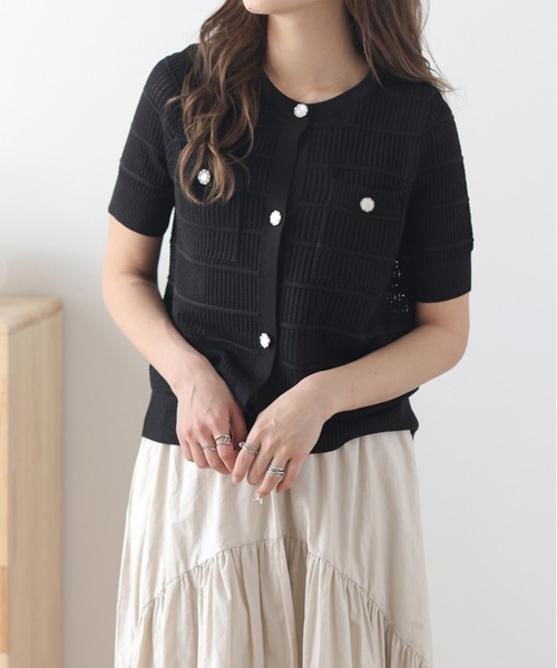 La-gemme（ラジェム）の「透かし編みニットカーディガン（カーディガン/ボレロ・レディース・イエロー/ホワイト/ピンク/ライム/グリーン/ブラック・フリー）」の3枚目の写真