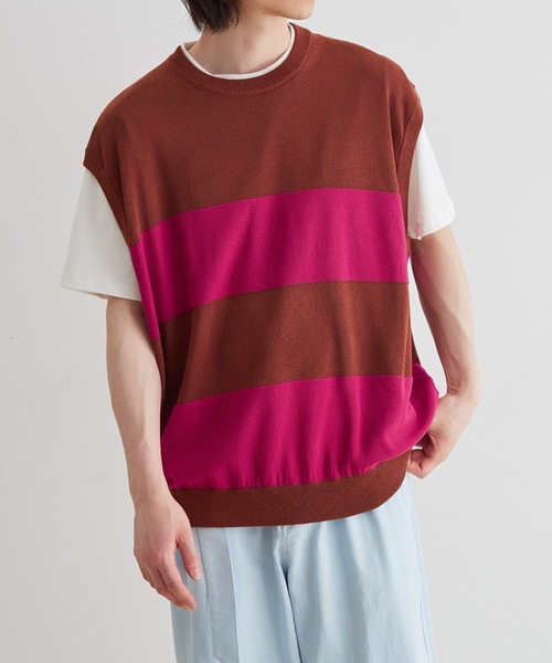 ADAM ET ROPE'(アダムエロペ)の「WASHI MIX ボーダー ニット ベスト(ベスト・メンズ・ネイビー/ブラウン/カーキ・M/L)」の1枚目の写真
