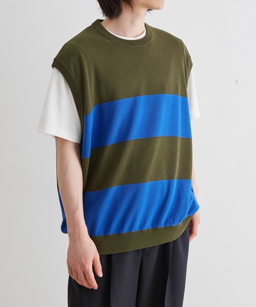 ADAM ET ROPE'(アダムエロペ)の「WASHI MIX ボーダー ニット ベスト(ベスト・メンズ・ネイビー/ブラウン/カーキ・M/L)」の2枚目の写真