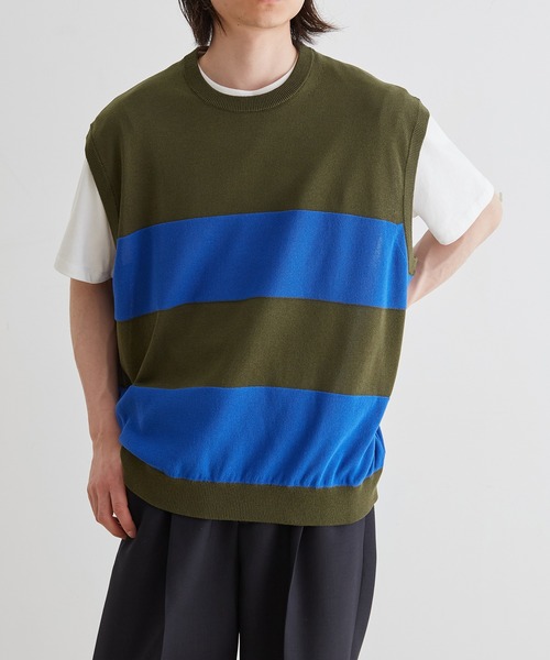 ADAM ET ROPE'(アダムエロペ)の「WASHI MIX ボーダー ニット ベスト(ベスト・メンズ・ネイビー/ブラウン/カーキ・M/L)」の11枚目の写真