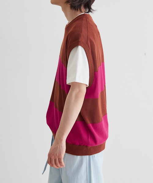 ADAM ET ROPE'(アダムエロペ)の「WASHI MIX ボーダー ニット ベスト(ベスト・メンズ・ネイビー/ブラウン/カーキ・M/L)」の5枚目の写真