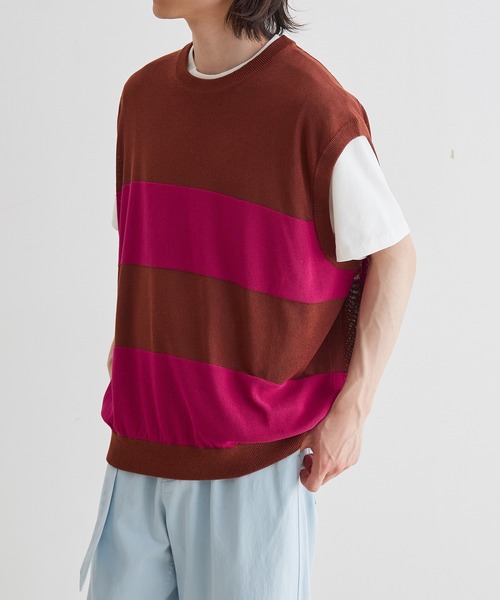 ADAM ET ROPE'(アダムエロペ)の「WASHI MIX ボーダー ニット ベスト(ベスト・メンズ・ネイビー/ブラウン/カーキ・M/L)」の4枚目の写真