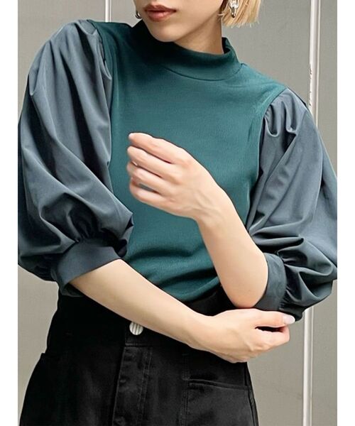 MURUA（ムルーア）の「テレコドッキングショートトップス（Tシャツ/カットソー・レディース・ブラック/ホワイト/グリーン・FREE）」の3枚目の写真