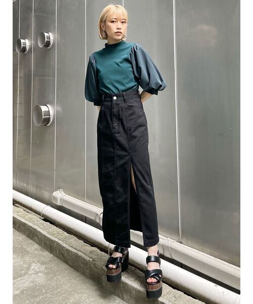 MURUA（ムルーア）の「テレコドッキングショートトップス（Tシャツ/カットソー・レディース・ブラック/ホワイト/グリーン・FREE）」の10枚目の写真