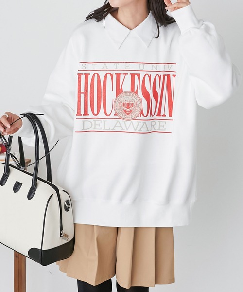 BONLECILL(ボンルシール)の「裏起毛 カレッジロゴプリント BIGシルエットスウェット(スウェット・レディース・パープル/ネイビー/オフホワイト/ブルー/オートミール/ベージュ・FREE)」の13枚目の写真
