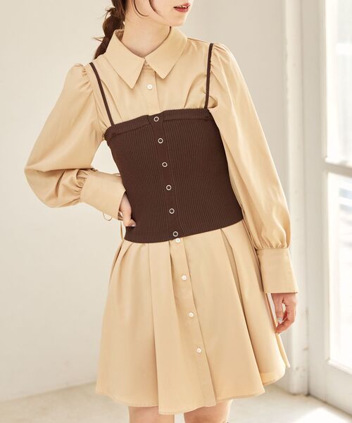 MAJESTIC LEGON（マジェスティックレゴン）の「ビスチェセットミニシャツワンピース（シャツワンピース・レディース・ブラウン/アイボリー/ネイビー・MEDIUM）」の6枚目の写真