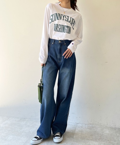 GeeRA(ジーラ)の「サイドラインワイドデニムパンツ(デニムパンツ・レディース・ブルー/ブラック・LARGE/MEDIUM)」の9枚目の写真