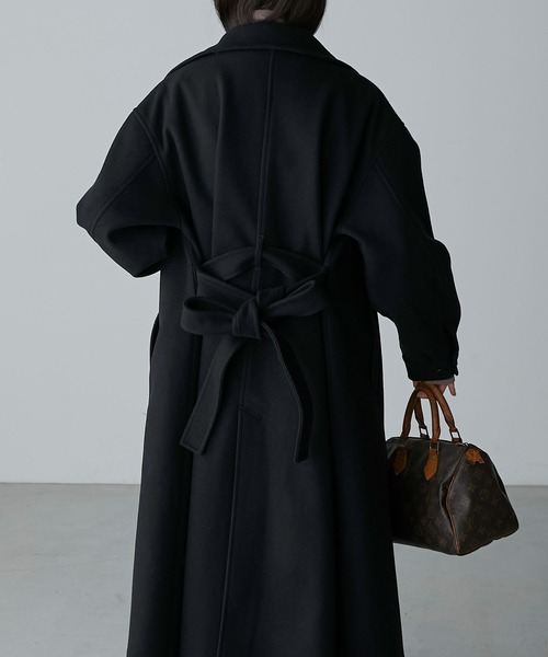 【美品】AKM メルトン スタンドカラー ウエストロープコート ブラック M Anss.me】スタンドカラーマルチウェイメルトンロングコート（ステン
