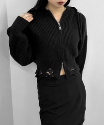LVEU. | 【LVEU.】ダメージニットクロップドパーカー / トップス ニット パーカー クロップド ショート ダメージ ブラック ZOZOTOWN限定(パーカー)