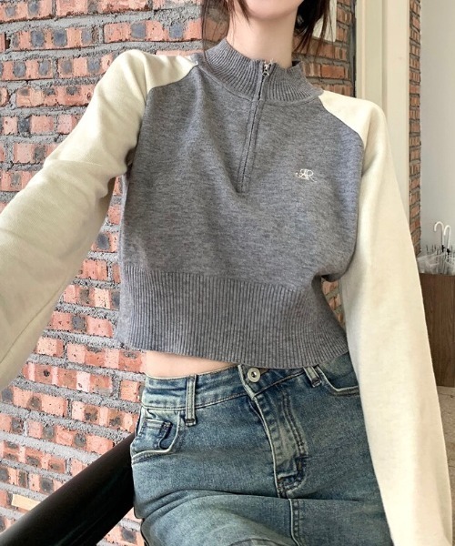 SHEENA(シーナ)の「ラグランハーフジップショート丈ニット(ニット/セーター・レディース・アイボリー/グレー系その他・M)」の6枚目の写真