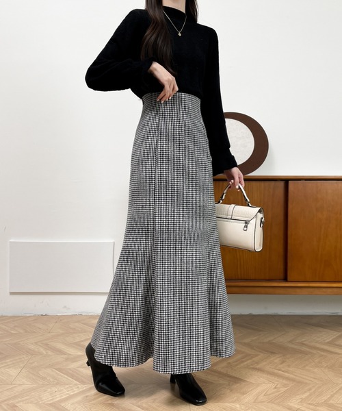 セール】ハイウエストバックレースアップ千鳥柄マーメイドスカート