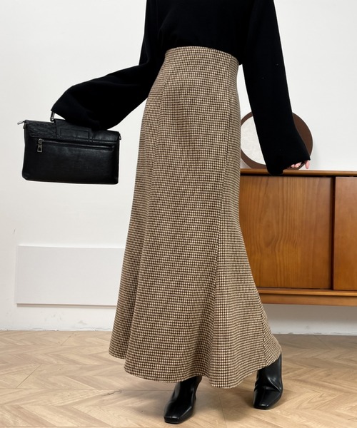 セール】ハイウエストバックレースアップ千鳥柄マーメイドスカート