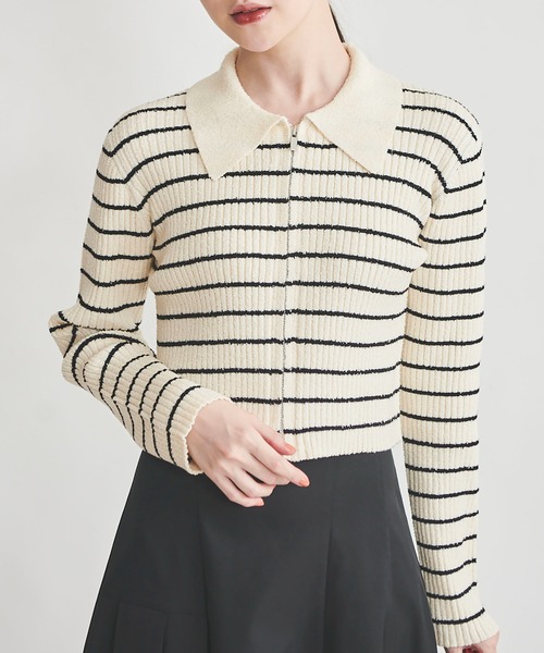 31 Sons de mode（トランテアン　ソン　ドゥ　モード）の「ジップアップカーデトップス（ニット/セーター・レディース・オフホワイト/ピンク/ホワイト×ブラック・36）」の3枚目の写真