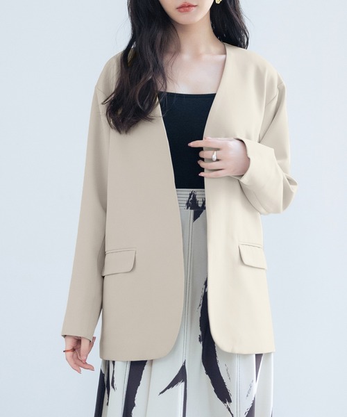 SAISON DE PAPILLON（セゾンドパピヨン）の「ドロップショルダーVネックジャケット（ノーカラージャケット・レディース・ブラック/ベージュ/ライトグレー・L/M）」の3枚目の写真