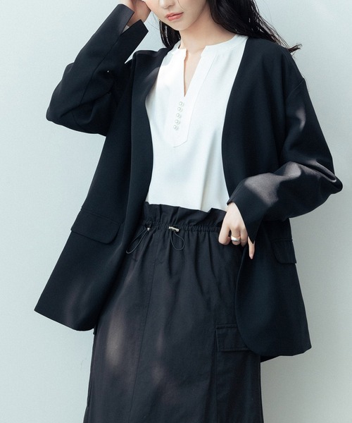 SAISON DE PAPILLON（セゾンドパピヨン）の「ドロップショルダーVネックジャケット（ノーカラージャケット・レディース・ブラック/ベージュ/ライトグレー・L/M）」の4枚目の写真