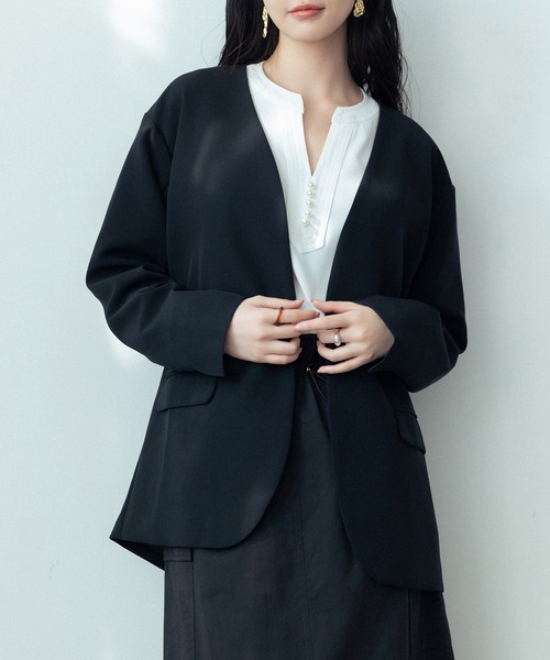 SAISON DE PAPILLON（セゾンドパピヨン）の「ドロップショルダーVネックジャケット（ノーカラージャケット・レディース・ブラック/ベージュ/ライトグレー・L/M）」の6枚目の写真