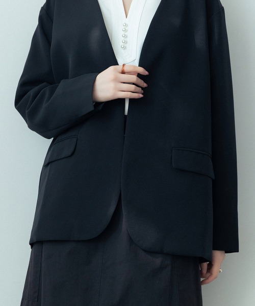 SAISON DE PAPILLON（セゾンドパピヨン）の「ドロップショルダーVネックジャケット（ノーカラージャケット・レディース・ブラック/ベージュ/ライトグレー・L/M）」の7枚目の写真