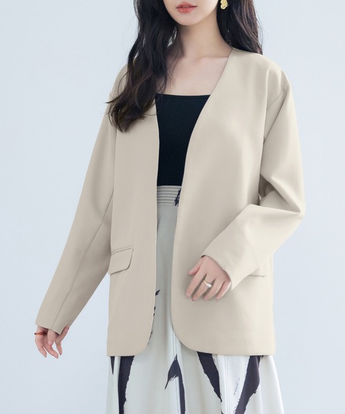 SAISON DE PAPILLON（セゾンドパピヨン）の「ドロップショルダーVネックジャケット（ノーカラージャケット・レディース・ブラック/ベージュ/ライトグレー・L/M）」の8枚目の写真