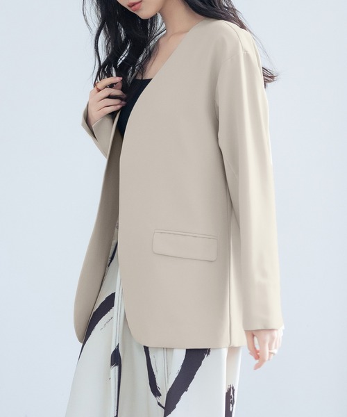 SAISON DE PAPILLON（セゾンドパピヨン）の「ドロップショルダーVネックジャケット（ノーカラージャケット・レディース・ブラック/ベージュ/ライトグレー・L/M）」の9枚目の写真