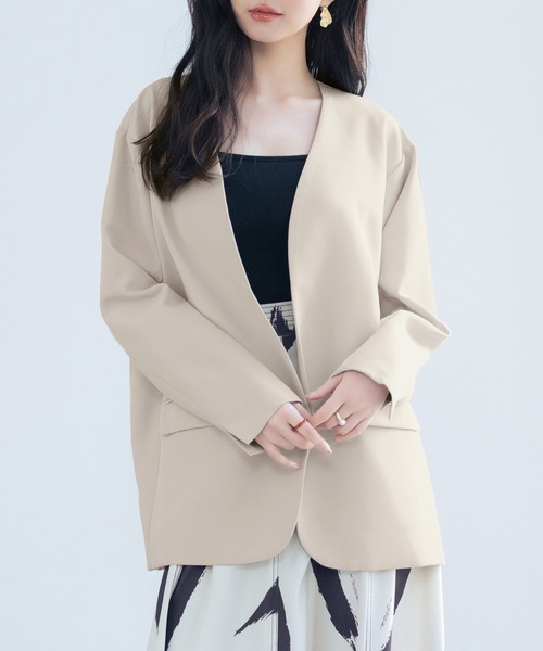 SAISON DE PAPILLON（セゾンドパピヨン）の「ドロップショルダーVネックジャケット（ノーカラージャケット・レディース・ブラック/ベージュ/ライトグレー・L/M）」の13枚目の写真