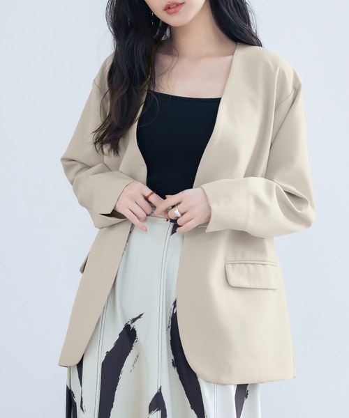 SAISON DE PAPILLON（セゾンドパピヨン）の「ドロップショルダーVネックジャケット（ノーカラージャケット・レディース・ブラック/ベージュ/ライトグレー・L/M）」の14枚目の写真