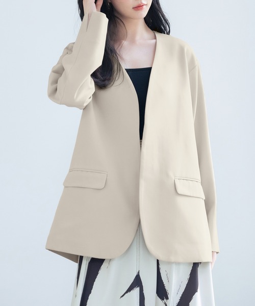 SAISON DE PAPILLON（セゾンドパピヨン）の「ドロップショルダーVネックジャケット（ノーカラージャケット・レディース・ブラック/ベージュ/ライトグレー・L/M）」の15枚目の写真