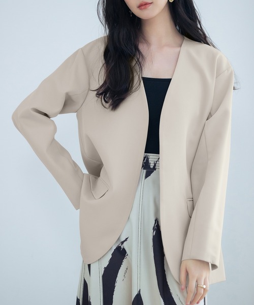 SAISON DE PAPILLON（セゾンドパピヨン）の「ドロップショルダーVネックジャケット（ノーカラージャケット・レディース・ブラック/ベージュ/ライトグレー・L/M）」の16枚目の写真