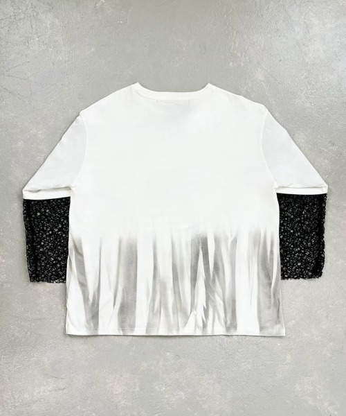 Bizarre Maiden（ビザールメイデン）の「ストリートファッション Bizarre Maiden ビザール メイデン mesh faux layered tee メッシュ レイヤード風Tシャツ 重ね着風ロンT 長袖 半袖 Tシャツオーバーサイズ ビッグシルエット パンクストリート（Tシャツ/カットソー・メンズ・ホワイト・L）」の17枚目の写真