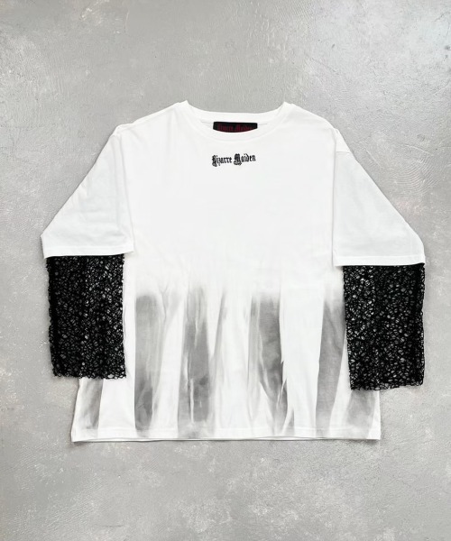 Bizarre Maiden（ビザールメイデン）の「ストリートファッション Bizarre Maiden ビザール メイデン mesh faux layered tee メッシュ レイヤード風Tシャツ 重ね着風ロンT 長袖 半袖 Tシャツオーバーサイズ ビッグシルエット パンクストリート（Tシャツ/カットソー・メンズ・ホワイト・L）」の16枚目の写真