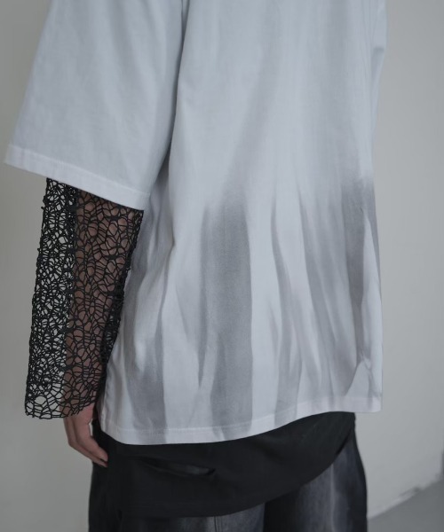 Bizarre Maiden（ビザールメイデン）の「ストリートファッション Bizarre Maiden ビザール メイデン mesh faux layered tee メッシュ レイヤード風Tシャツ 重ね着風ロンT 長袖 半袖 Tシャツオーバーサイズ ビッグシルエット パンクストリート（Tシャツ/カットソー・メンズ・ホワイト・L）」の12枚目の写真