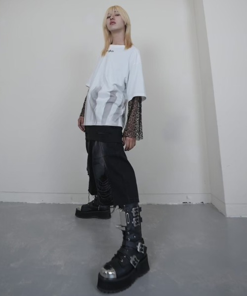Bizarre Maiden（ビザールメイデン）の「ストリートファッション Bizarre Maiden ビザール メイデン mesh faux layered tee メッシュ レイヤード風Tシャツ 重ね着風ロンT 長袖 半袖 Tシャツオーバーサイズ ビッグシルエット パンクストリート（Tシャツ/カットソー・メンズ・ホワイト・L）」の5枚目の写真