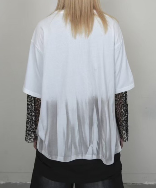 Bizarre Maiden（ビザールメイデン）の「ストリートファッション Bizarre Maiden ビザール メイデン mesh faux layered tee メッシュ レイヤード風Tシャツ 重ね着風ロンT 長袖 半袖 Tシャツオーバーサイズ ビッグシルエット パンクストリート（Tシャツ/カットソー・メンズ・ホワイト・L）」の10枚目の写真