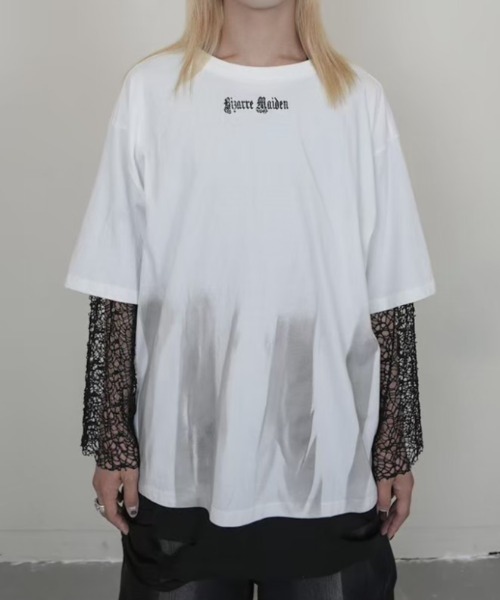 Bizarre Maiden（ビザールメイデン）の「ストリートファッション Bizarre Maiden ビザール メイデン mesh faux layered tee メッシュ レイヤード風Tシャツ 重ね着風ロンT 長袖 半袖 Tシャツオーバーサイズ ビッグシルエット パンクストリート（Tシャツ/カットソー・メンズ・ホワイト・L）」の8枚目の写真