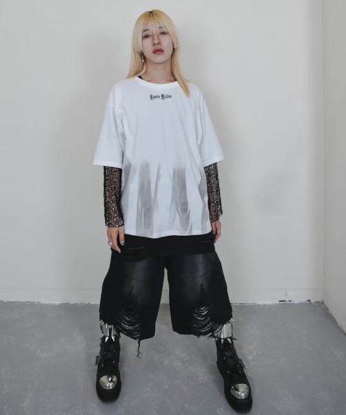 Bizarre Maiden（ビザールメイデン）の「ストリートファッション Bizarre Maiden ビザール メイデン mesh faux layered tee メッシュ レイヤード風Tシャツ 重ね着風ロンT 長袖 半袖 Tシャツオーバーサイズ ビッグシルエット パンクストリート（Tシャツ/カットソー・メンズ・ホワイト・L）」の6枚目の写真