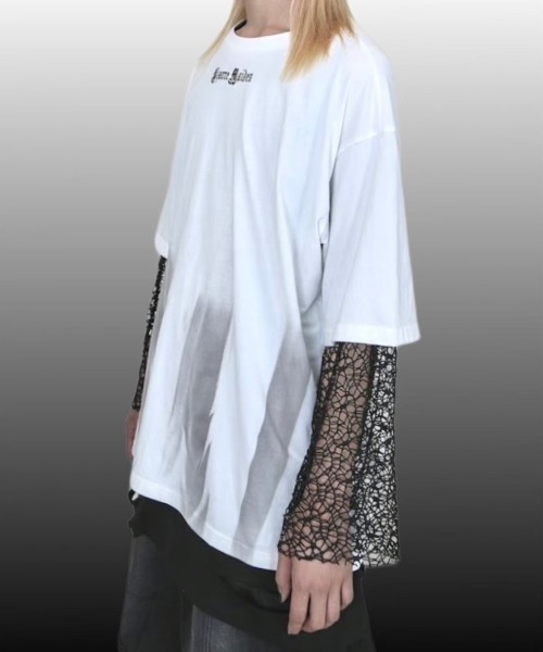 Bizarre Maiden（ビザールメイデン）の「ストリートファッション Bizarre Maiden ビザール メイデン mesh faux layered tee メッシュ レイヤード風Tシャツ 重ね着風ロンT 長袖 半袖 Tシャツオーバーサイズ ビッグシルエット パンクストリート（Tシャツ/カットソー・メンズ・ホワイト・L）」の7枚目の写真