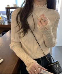 レース付モックネックアイレットニット