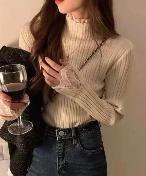 Per sist ence(パーシエンス)の「レース付モックネックアイレットニット(Tシャツ/カットソー・レディース・アイボリー/ブラック/ホワイト・FREE)」の8枚目の写真