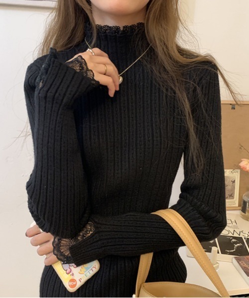 Per sist ence(パーシエンス)の「レース付モックネックアイレットニット(Tシャツ/カットソー・レディース・アイボリー/ブラック/ホワイト・FREE)」の12枚目の写真