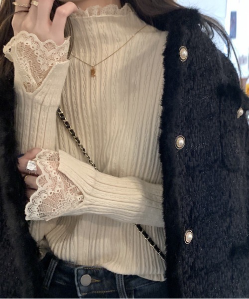 Per sist ence(パーシエンス)の「レース付モックネックアイレットニット(Tシャツ/カットソー・レディース・アイボリー/ブラック/ホワイト・FREE)」の9枚目の写真