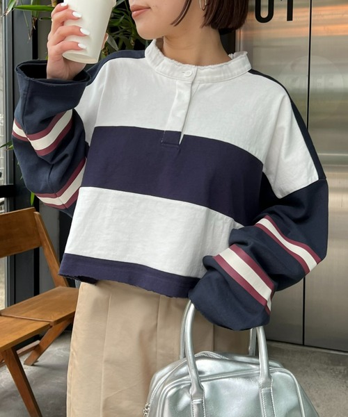 etsinta(エシンタ)の「【etsinta/エシンタ】リメイククロップドラガーシャツ(Tシャツ/カットソー・レディース・ピンク/ネイビー・ONE SIZE)」の2枚目の写真
