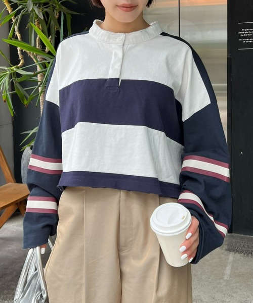 etsinta(エシンタ)の「【etsinta/エシンタ】リメイククロップドラガーシャツ(Tシャツ/カットソー・レディース・ピンク/ネイビー・ONE SIZE)」の5枚目の写真