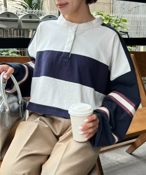 etsinta(エシンタ)の「【etsinta/エシンタ】リメイククロップドラガーシャツ(Tシャツ/カットソー・レディース・ピンク/ネイビー・ONE SIZE)」の3枚目の写真